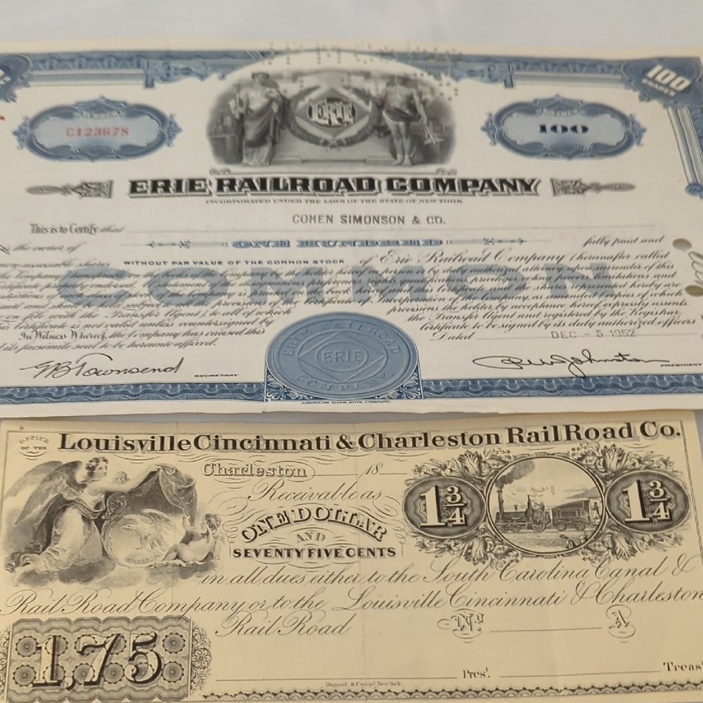 Railroad Co. Vtg Ephemera Stock Certificate & Currency